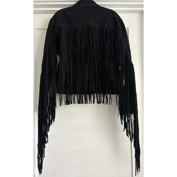 NWOT LEVI'S Ex Boyfriend Black DENIM TRUCKER JACKET With Fringe Sz S - Picture 5 of 8
